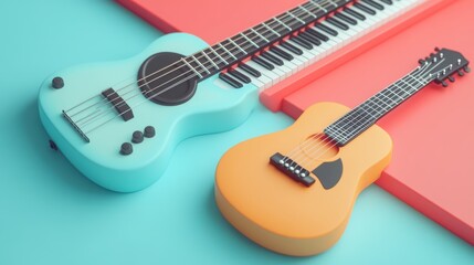 Obraz premium A vibrant image featuring colorful guitars and a keyboard on a bright background, highlighting musical instruments in a playful arrangement.
