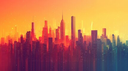 Fototapeta premium A vibrant skyline at sunset, featuring tall skyscrapers and a colorful gradient of orange and pink hues.