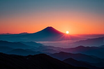 Mount Fuji Sunrise Scenery with Orange Sky and Mountain Range Layers