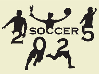 This is a creative graphic design celebrating soccer in the year 2025. The numbers "2025" are cleverly illustrated using silhouettes of soccer players in various action poses, along with the word.