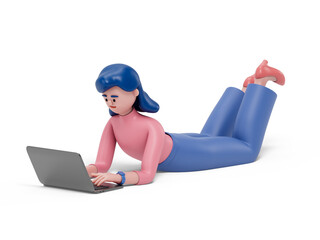 A woman lies on the floor using a laptop, symbolizing a casual or unconventional approach to work or study. 3D rendering, conceptual image. Isolated on white background.