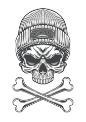 Skull with vintage style beanie hat in horror devil style 66 - BW