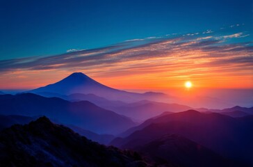 Mount Fuji Sunrise View with Layered Mountains and Colorful Sky