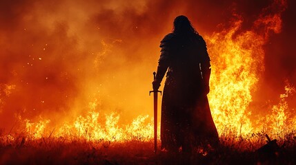 Fototapeta premium Silhouette of a warrior holding a sword, standing against a burning battlefield