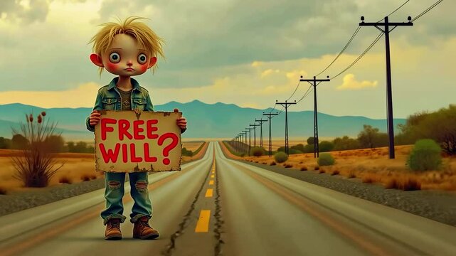 A child holding a sign questioning free will stands on a deserted road with mountains in the background