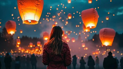 Woman watches hundreds of glowing sky lanterns ascend into a twilight sky above a crowd