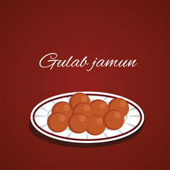 An illustration of a plate full of Gulab Jamun, a popular Indian dessert made from milk solids, deep-fried, and soaked in sugar syrup. 