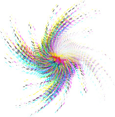 Twirling mandala with a half-empty sector for copying text. Rainbow glow of mandala dots. For logo, emblem. Vector.