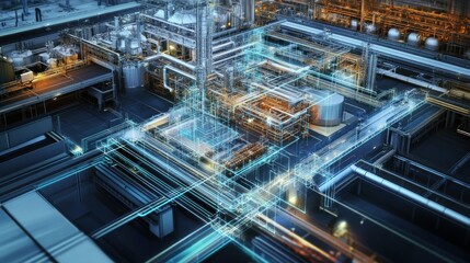 Industrial complex,  intricate network of pipes and machinery,  digital overlay.