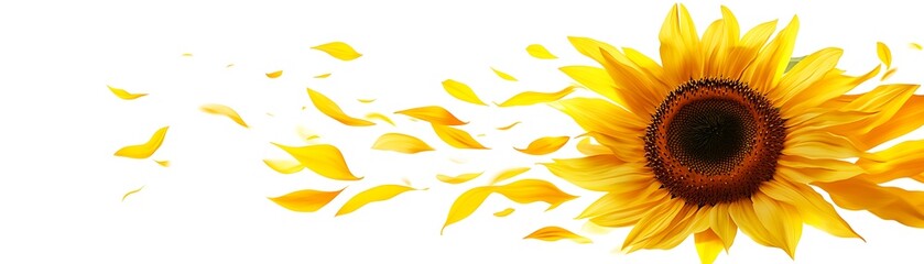 Fototapeta premium Sunflower petals blowing in wind over white. Beauty and nature, seasonal use