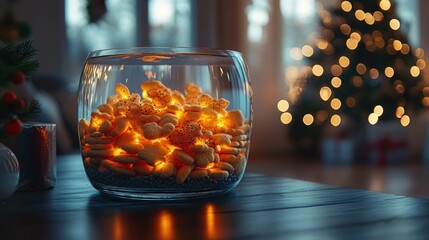 Christmas cookies in glass bowl on coffee table, blurred Christmas tree background.  Possible use Holiday decor