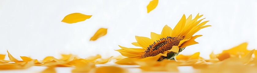 Sunflower petals falling on a white surface. Abstract floral background use
