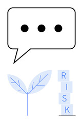 Speech bubble with ellipsis, a sprouting plant, and stacked RISK blocks symbolizing discussion, growth, decision-making, and risk management. Ideal for planning, strategy, growth dialogue