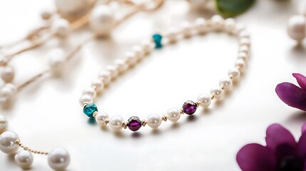 Obraz premium Necklace with a blue stone and a purple stone is on a white background