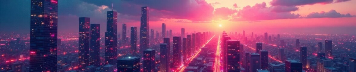 Abstract geometric shapes surrounding a futuristic cityscape at dusk , abstract, landscape