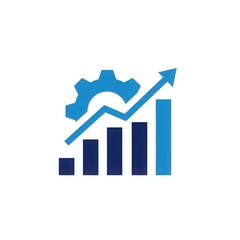 Blue gear with bar graph and rising arrow isolated on white background