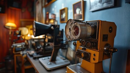 Fototapeta premium Vintage movie projectors and film editing equipment displayed on a table in a dimly lit room.