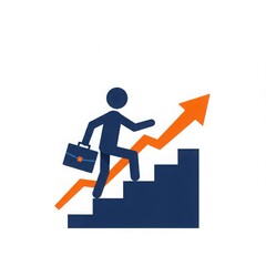 Stick figure climbing stairs with rising arrow graphic isolated on white background