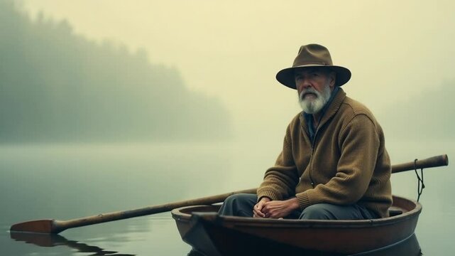 Elderly Man Rowing Alone on a Foggy Lake