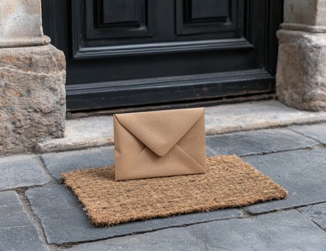 A brown envelope sits on a doormat outside a dark door.