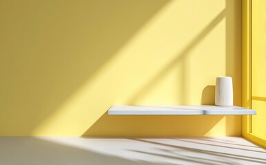 Minimalist Yellow Interior with Floating Shelf and Sunlight Casting Shadows