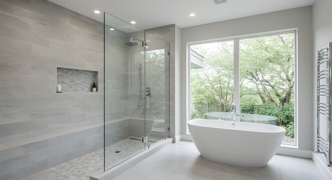 Modern Bathroom Design Luxurious Shower and Freestanding Tub with Natural Light