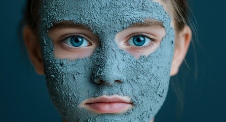 Woman with a blue clay face mask for skincare.