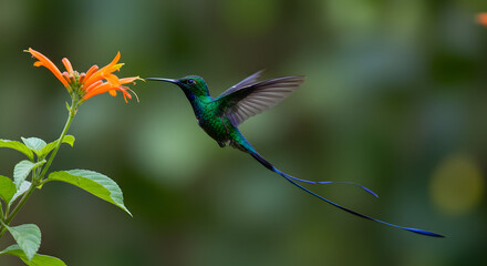 Fototapeta premium Tiny colorful Hummingbird hovering gracefully in mid-air while feeding on nectar from a bright orange trumpet vine flower blossom.