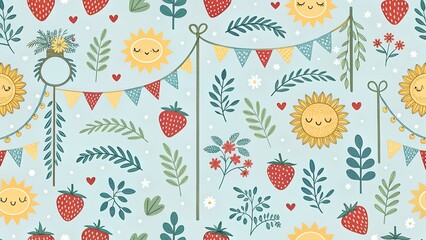 Seamless Nordic-inspired pattern with midsummer symbols: maypoles, floral crowns, strawberries, sun icons, flat vector style, light blue and yellow palette, festive Scandinavian solstice mood
