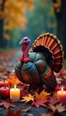 Naklejka premium Colorful turkey surrounded by autumn leaves with cornucopia and candles, harvest, cartoon