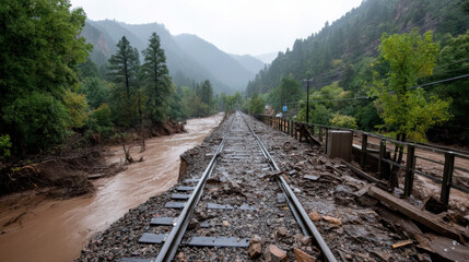 Fototapeta premium Landslide blocking railway track in mountainous area with muddy river