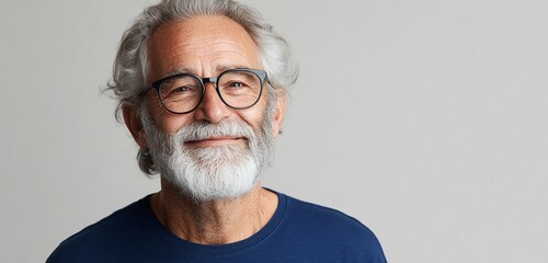 A portrait of a smiling senior man with gray hair and a beard, wearing glasses. He's dressed in a navy blue shirt against a neutral background.