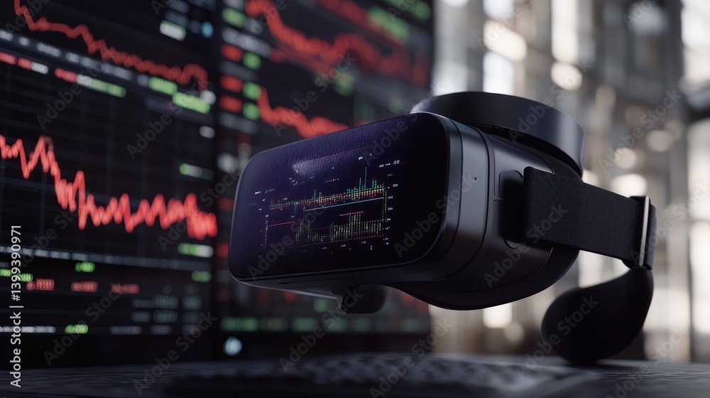 Poster vr headset displaying stock market data on a screen.