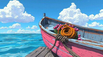 Weathered Pink Rowboat with Flowers on Rocky Seashore under Sunny Sky