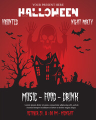 Halloween party flyer template with haunted house and scary ghost with bony arms , bats fly haunted tree and much more.Vector illustration background . Eps 10