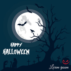 A Halloween night scene with a full moon, bare tree branches, bats, gravestones, and spooky silhouettes. "Happy Halloween" is written in a horror-style font.