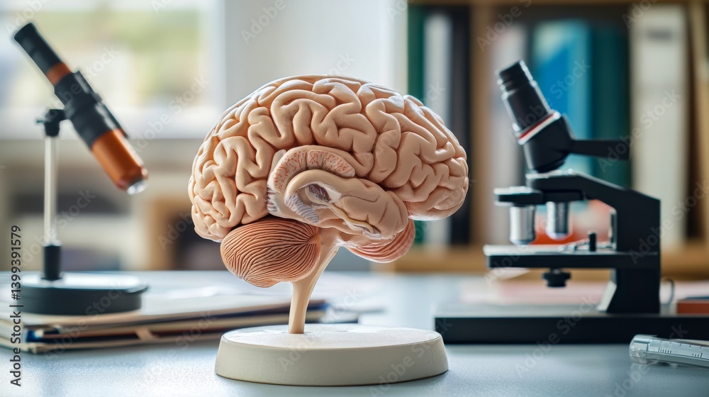 Poster an image of a brain model with various neurological connections highlighted, placed on a desk with e