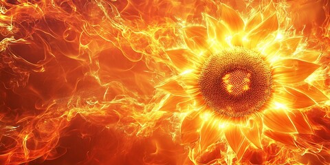 Sunflower glows in fire like smoke; use for energy or floral decoration concepts