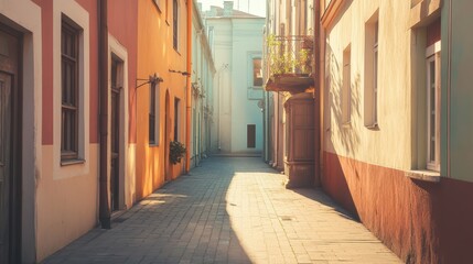 Fototapeta premium Sunlit alleyway urban setting photography daytime ground level bright midday sun creates shadows
