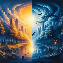 Artistic representation of golden hour vs blue hour lighting