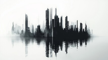 Fototapeta premium Urban skyline reflects on still water creating a striking black and white visual at sunrise