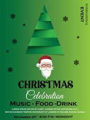A clean and modern Christmas celebration poster with a green gradient background, abstract tree design, and a classic Santa head. Emphasizes simplicity and holiday warmth.