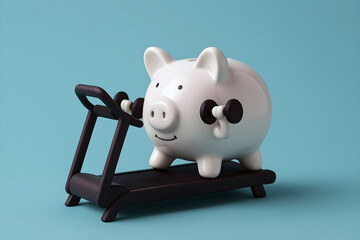 Piggybank lifting weights on a treadmill at the gym. Money working hard concept