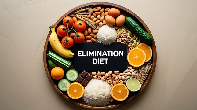 Round wooden tray with assorted elimination diet foods like tomatoes, bananas, eggs, nuts, grains, and chocolate, arranged around bold label.


