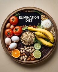 Round wooden tray with assorted elimination diet foods like tomatoes, bananas, eggs, nuts, grains, and chocolate, arranged around bold label.


