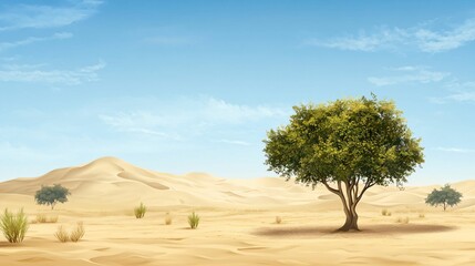 Fototapeta premium Solitary Tree in a Vast Desert Under Clear Blue Sky