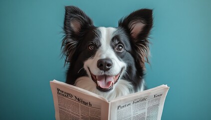 Happy Border Collie puppy reading a newspaper against a teal background.  Adorable pet enjoying some quiet time.