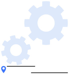 Two interlocking gears of different sizes connected with a location marker and horizontal lines. Ideal for teamwork, process optimization, collaboration, navigation, strategy, planning, flat simple