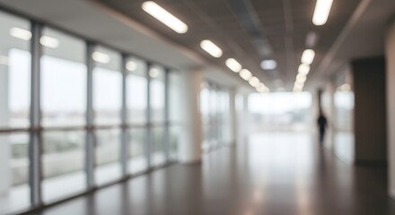 Blurred Modern Office Corridor with Natural Light  Empty Office Hallway with Large Windows, Out of Focus