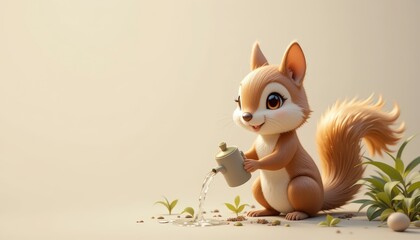 Obraz premium Adorable Cartoon Squirrel Watering Plants In Beige Background
